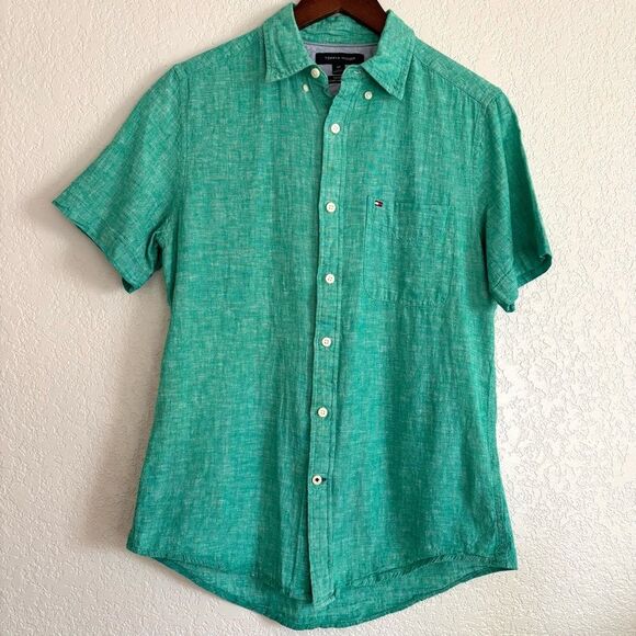 Tommy Hilfiger Men's Small Green Short Sleeve Linen Cotton Button Shirt Summer - Picture 1 of 7